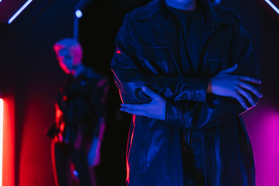 Explore a futuristic fashion scene with neon lighting and a cyberpunk vibe.