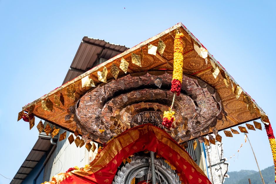 A detailed shot of a vibrant festival chariot during the Theru festival in Matale, Sri Lanka.