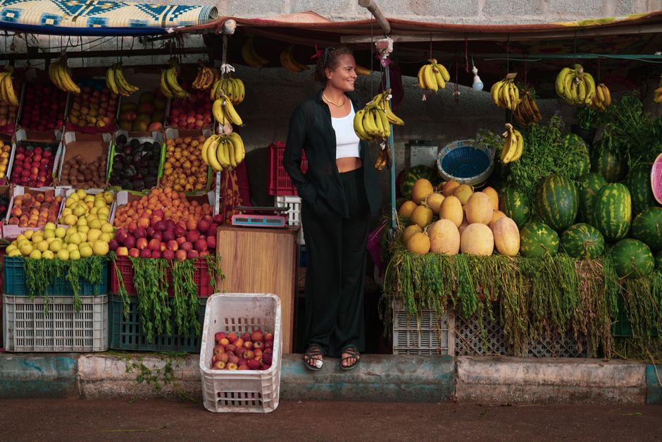 Woman wearing wide-leg pants in a clean outfit